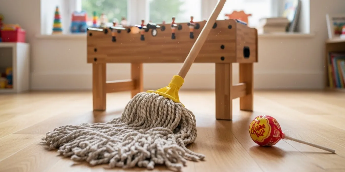 A mop, a Chupa Chups and a table football